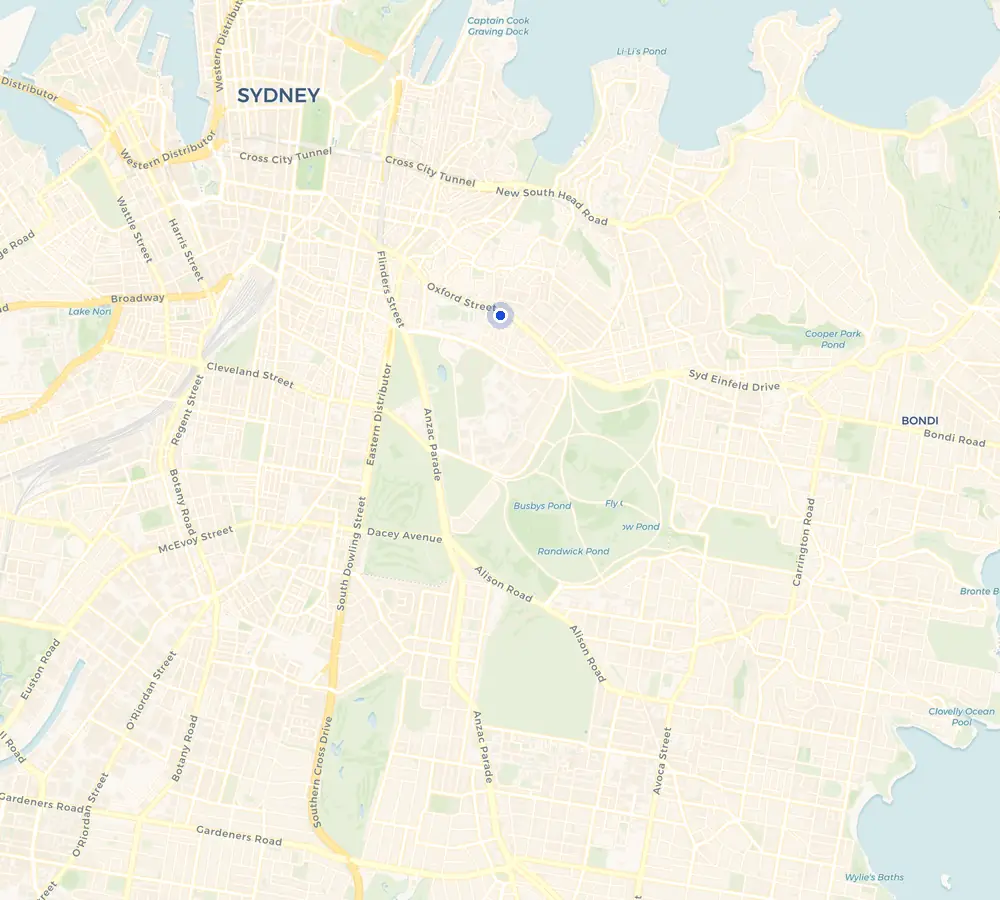 Map of the Paddington service area and the surrounding Eastern Suburbs, showing Paddington and the nearby streets we cover.