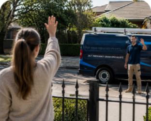 Customer waving goodbye to a Paddington Blocked Drains plumber